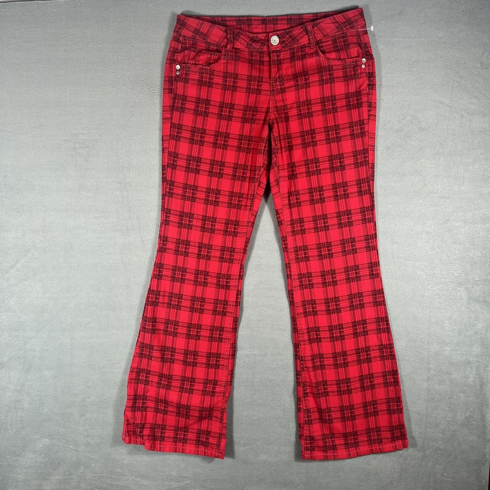Almost Famous Women's Size 9 Red Plaid Flare Bootcut Pants Y2K Style